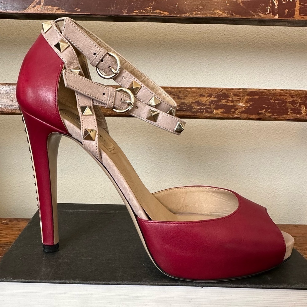 Valentino Rockstud Open Toe Pumps Heels Stiletto Ankle Straps Red Leather - Picture 4 of 16